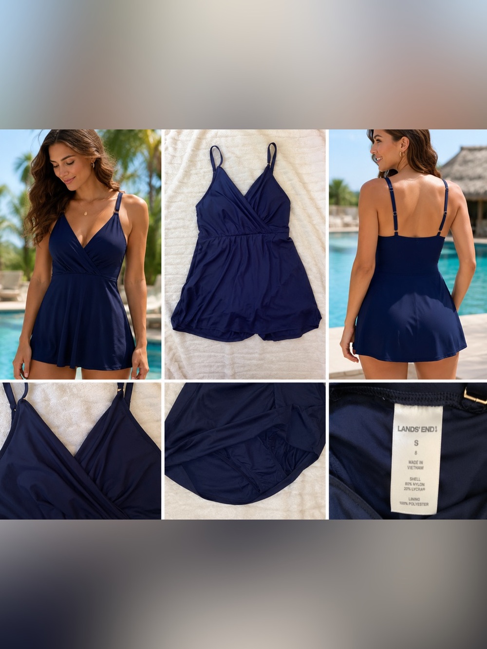 Lands’ End Navy Blue Swim Dress One Piece Swimsuit Size Small